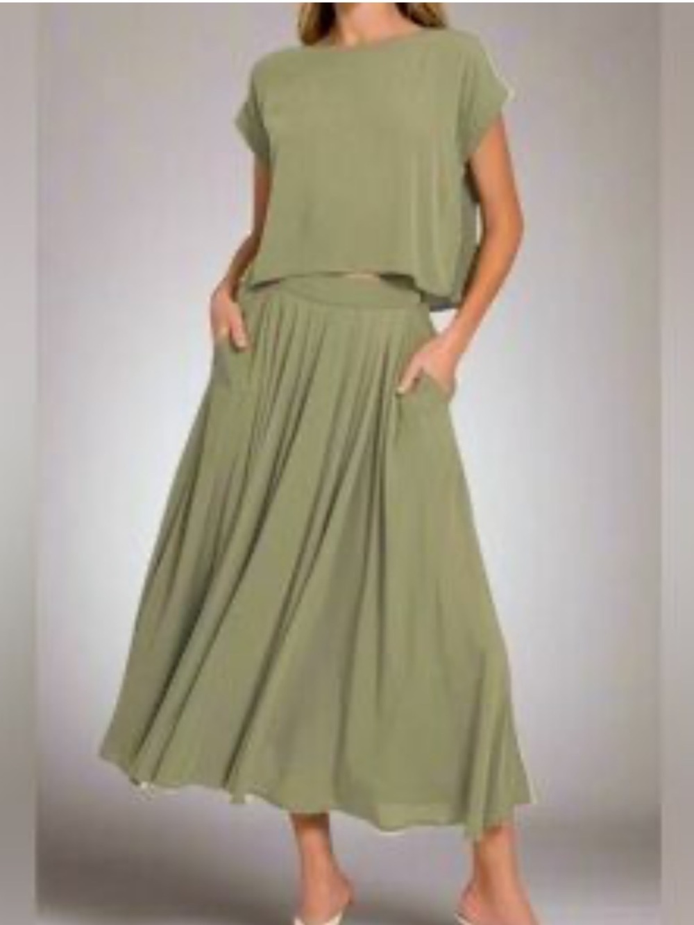 Zenana Outfitters Sage Green Crop top and Maxi Skirt with Pockets